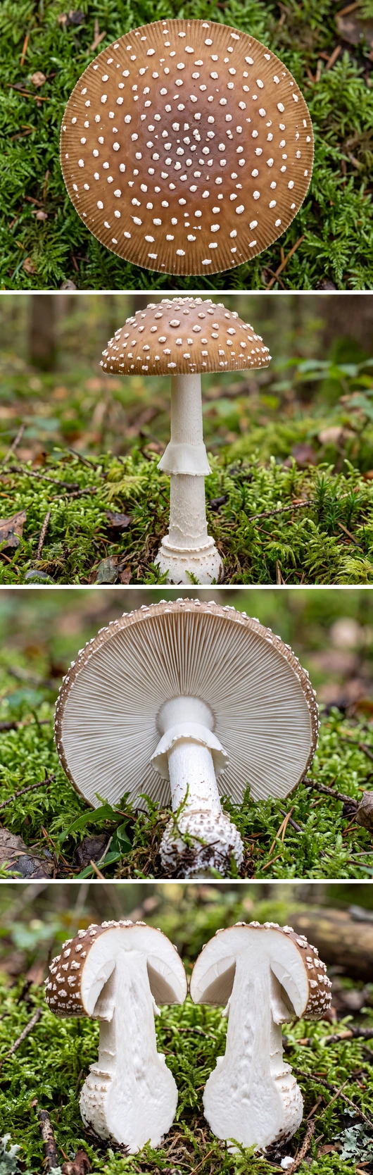 Amanite panthère sous quatre angles : chapeau vu de dessus à verrues blanc pur et marge striée, sujet entier de profil avec anneau lisse et base bulbeuse, dessous montrant les lames blanches, et exemplaire coupé à chair blanche immuable