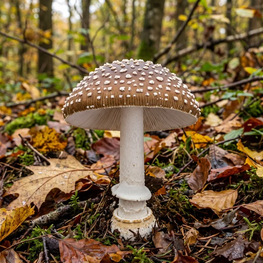 Amanite panthère (Amanita pantherina) en sous-bois : chapeau brun couvert de verrues blanc pur, marge striée, anneau lisse et base bulbeuse