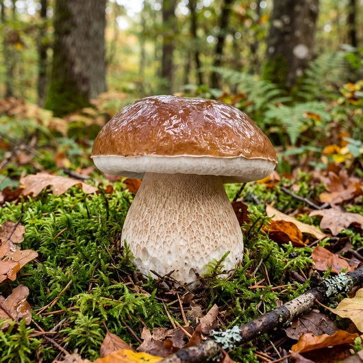 Cèpe de Bordeaux dans un sous-bois moussu, chapeau brun brillant et pied ventru