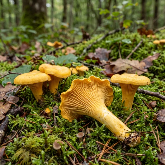 Girolles jaune d’œuf dans la mousse, dont une retournée montrant ses plis décurrents