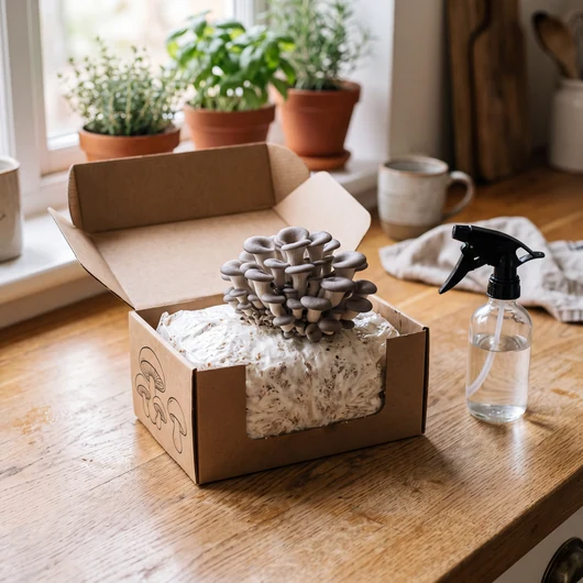 Kit de culture de champignons prêt à pousser avec de jeunes pleurotes gris