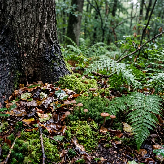 Lisière forestière après la pluie : mousse gorgée d’eau, fougères et feuilles mortes