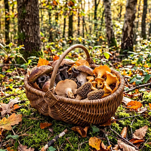 Panier en osier rempli de champignons comestibles ramassés en forêt : cèpes, girolles, trompettes de la mort