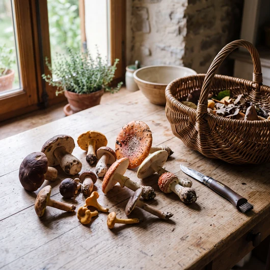 Champignons sauvages fraîchement ramassés posés sur une table de cuisine, à côté d’un panier et d’un couteau