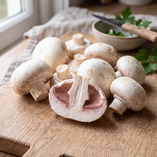 Champignons de Paris blancs frais, dont un coupé en deux montrant ses lames rose pâle