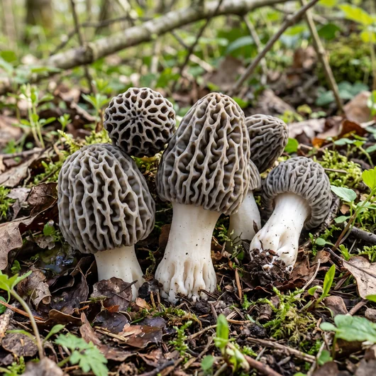 Photo de champignon morille commune grise sous différents angles