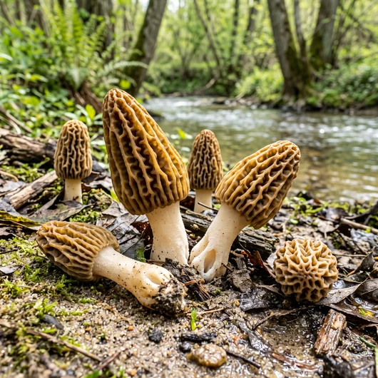 Photo de champignon morille des rivières sous différents angles