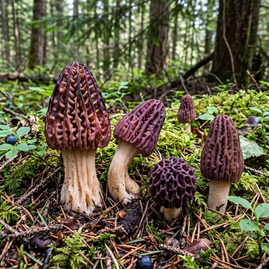 Photo de champignon morille pourpre sous différents angles