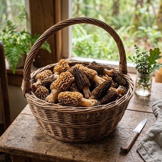 Panier de morilles fraîchement cueillies