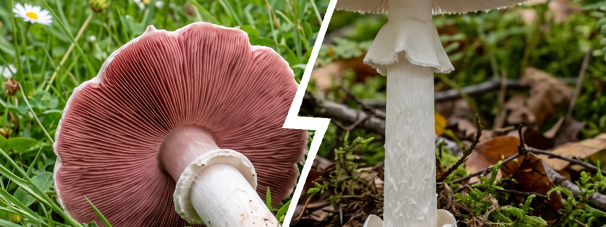 Comparaison entre le rosé des prés comestible (lames roses) et l'amanite blanche mortelle (lames blanches)