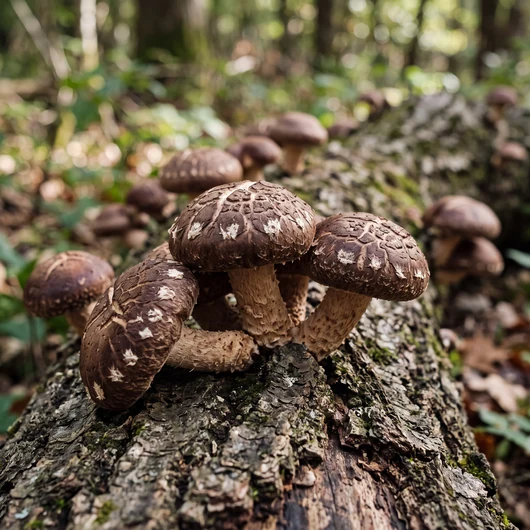 Shiitakés frais (Lentinula edodes) posés sur une bûche de chêne, chapeaux bruns veloutés craquelés de flocons blanchâtres