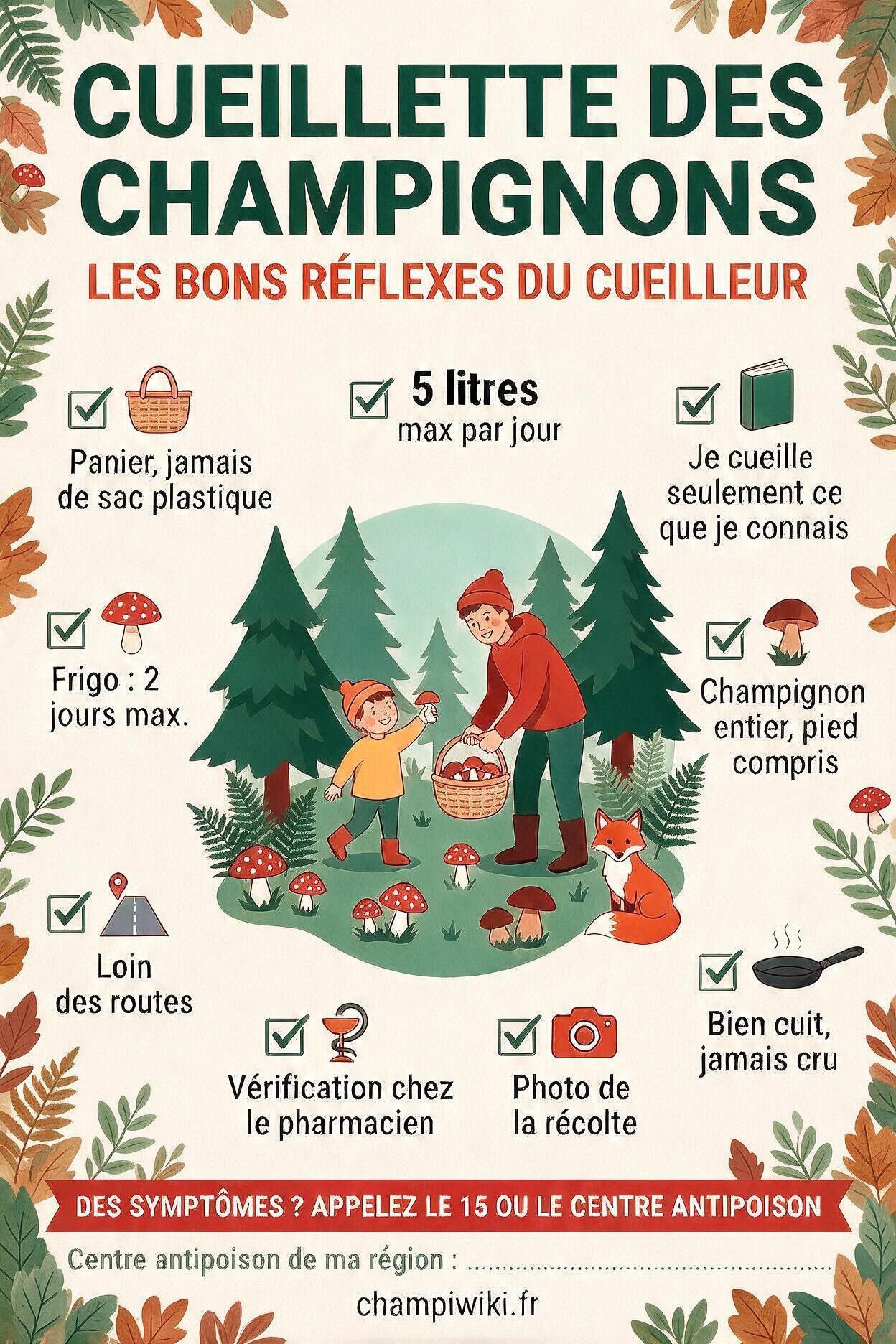 Affiche illustrée des bons réflexes de la cueillette des champignons — ChampiWiki
