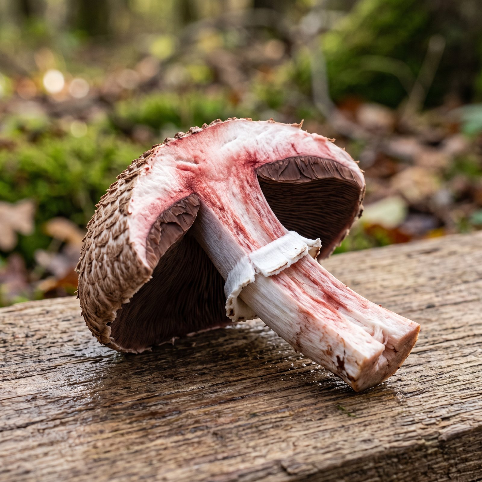 Agaric des forêts coupé en deux : la chair blanche vire au rouge sang