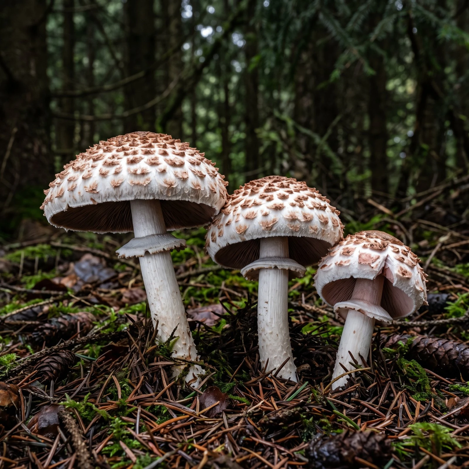 Agarics des forêts au chapeau blanc couvert d'écailles brun roux sous des épicéas