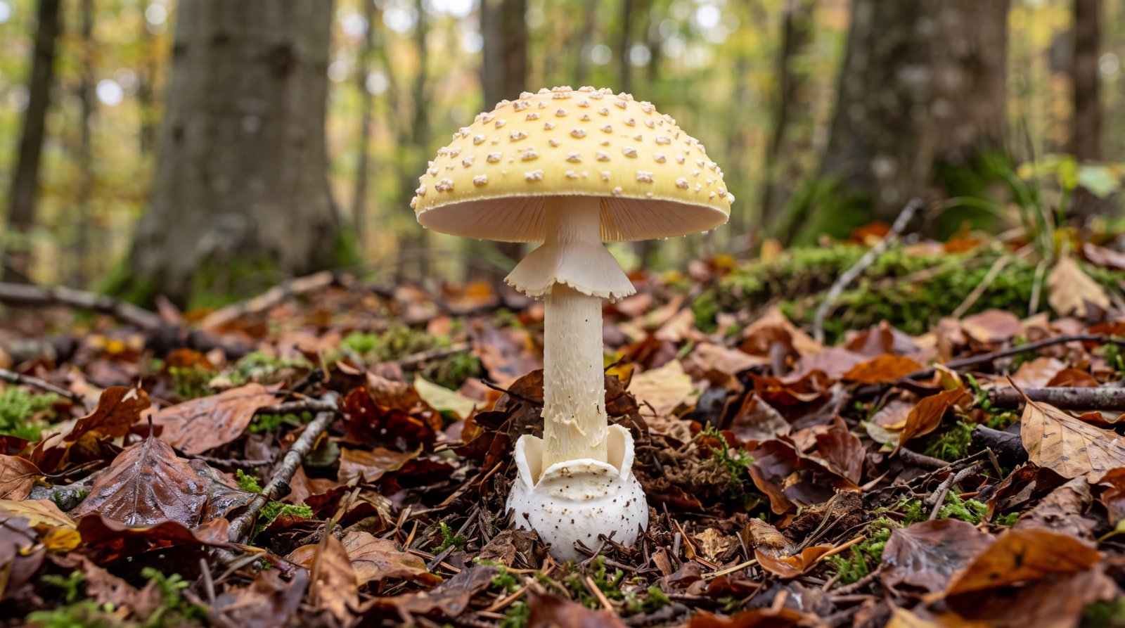 Amanite citrine au chapeau jaune pâle et à la base bulbeuse, en hêtraie