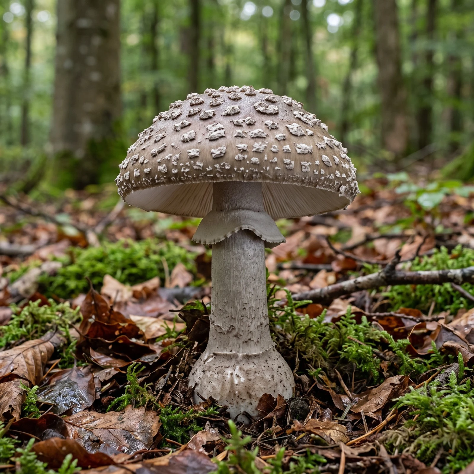 Amanite épaisse au chapeau brun gris couvert de flocons grisâtres, en hêtraie