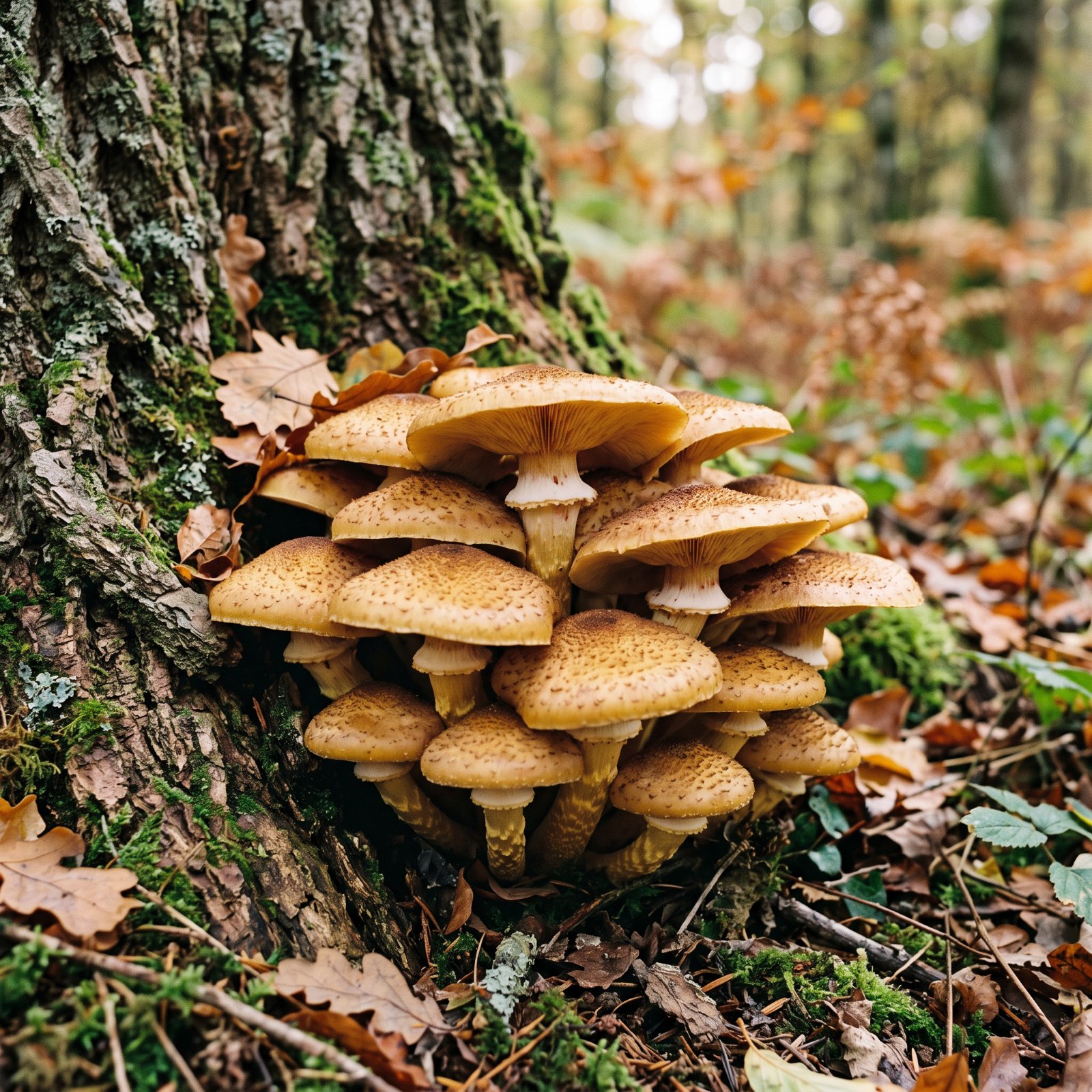 Armillaires couleur de miel (Armillaria mellea) en touffe au pied d'un chêne