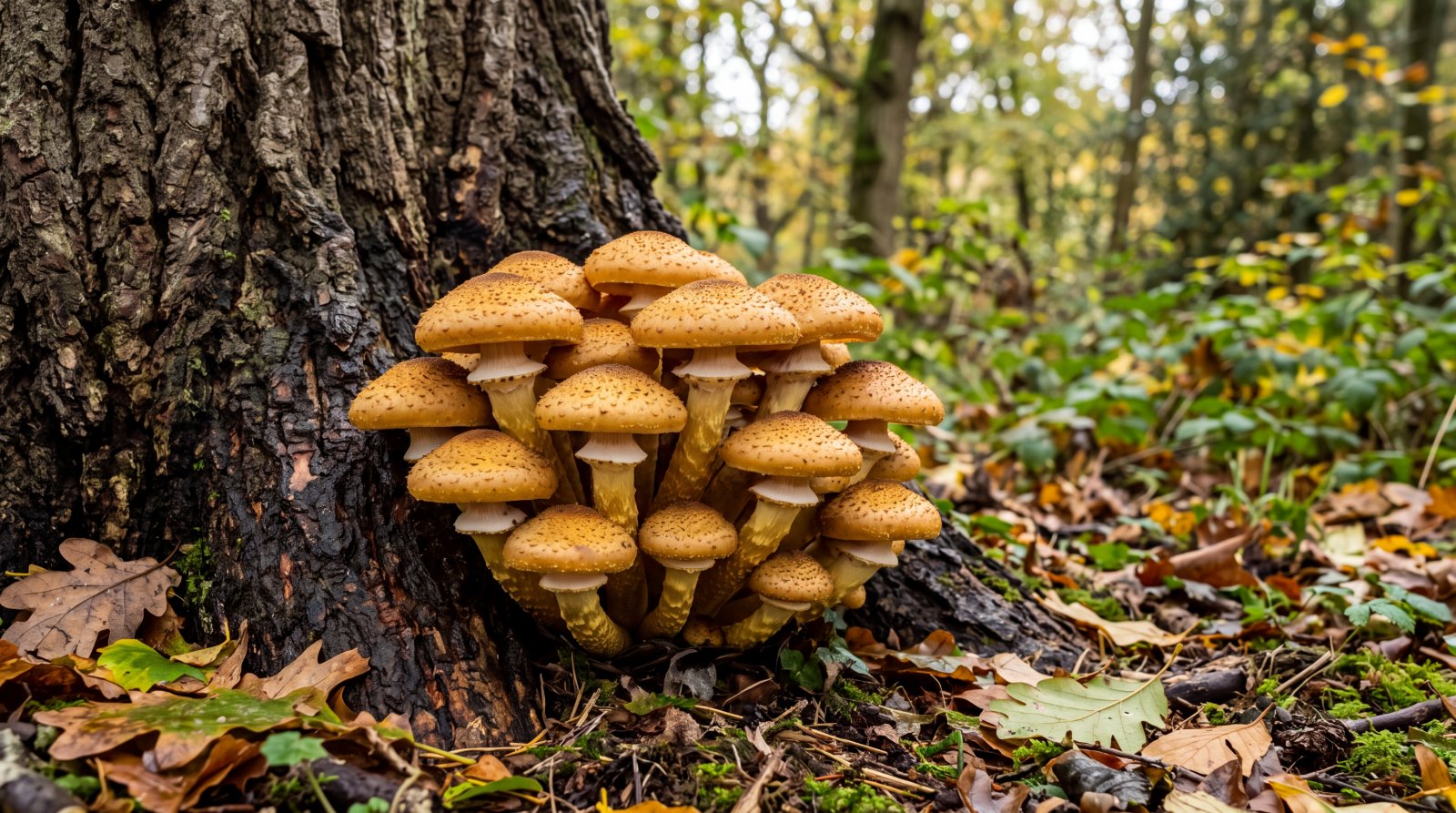 Touffe d'armillaires couleur de miel au pied d'un chêne vivant
