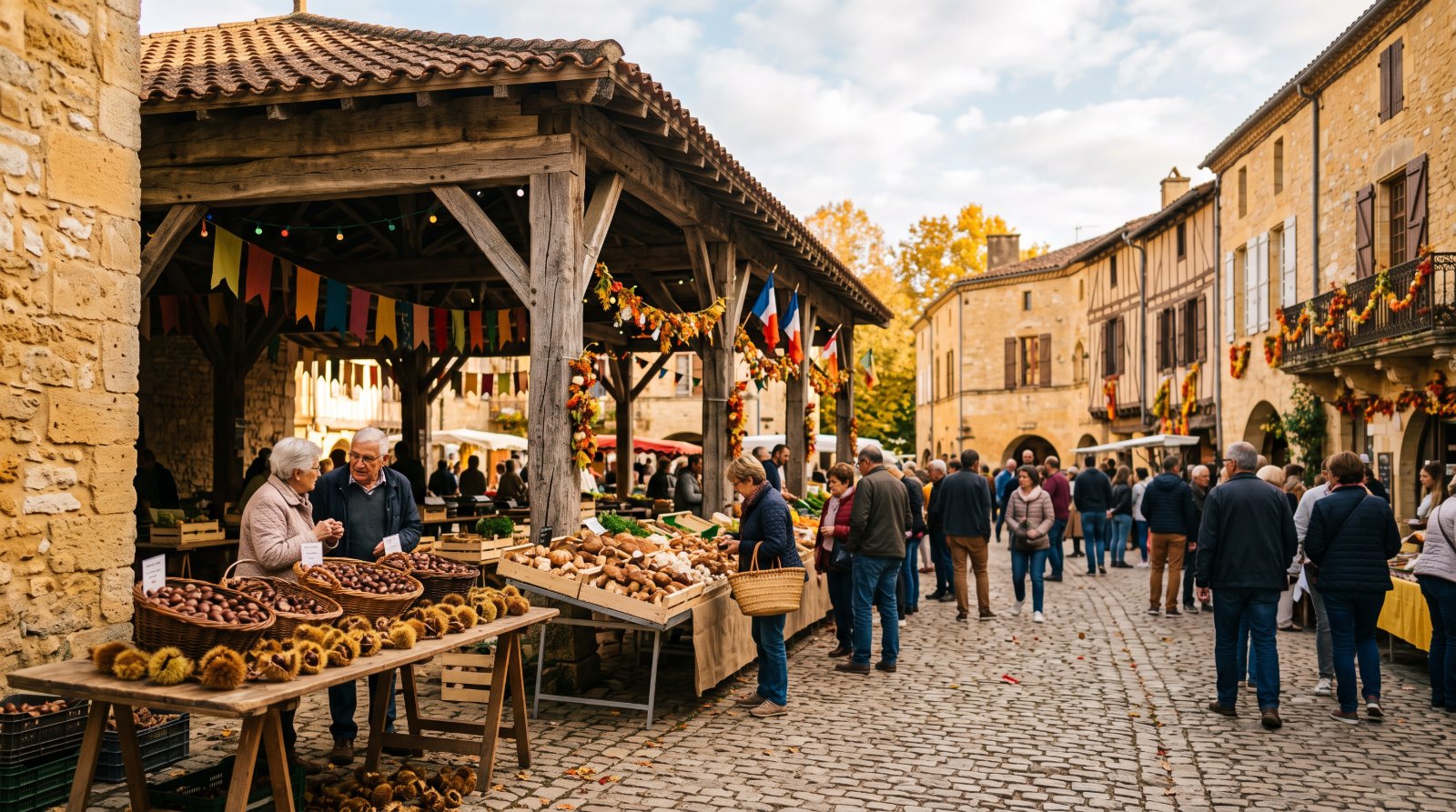 Halle en pierre d'une bastide périgourdine un jour de fête, étals de châtaignes et de cèpes