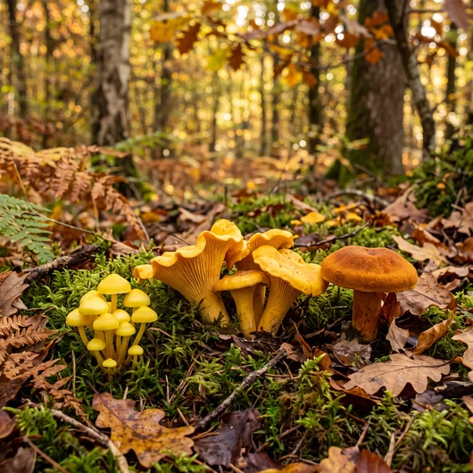 Vieux tronc moussu couvert de pleurotes et de champignons lignicoles en forêt