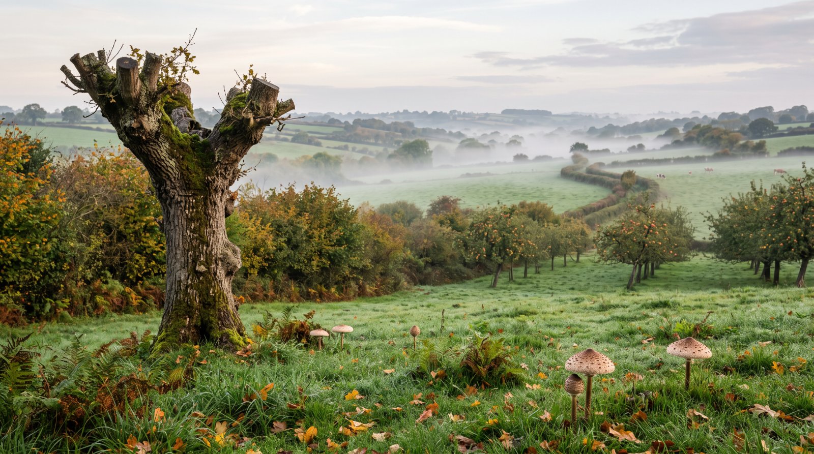Bocage normand en automne avec des coulemelles dans l'herbe