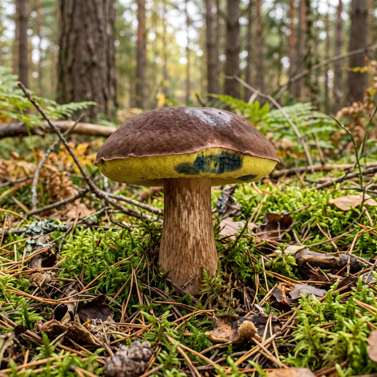 Bolet bai (Imleria badia) au chapeau brun bai velouté et aux pores jaunes bleuissants