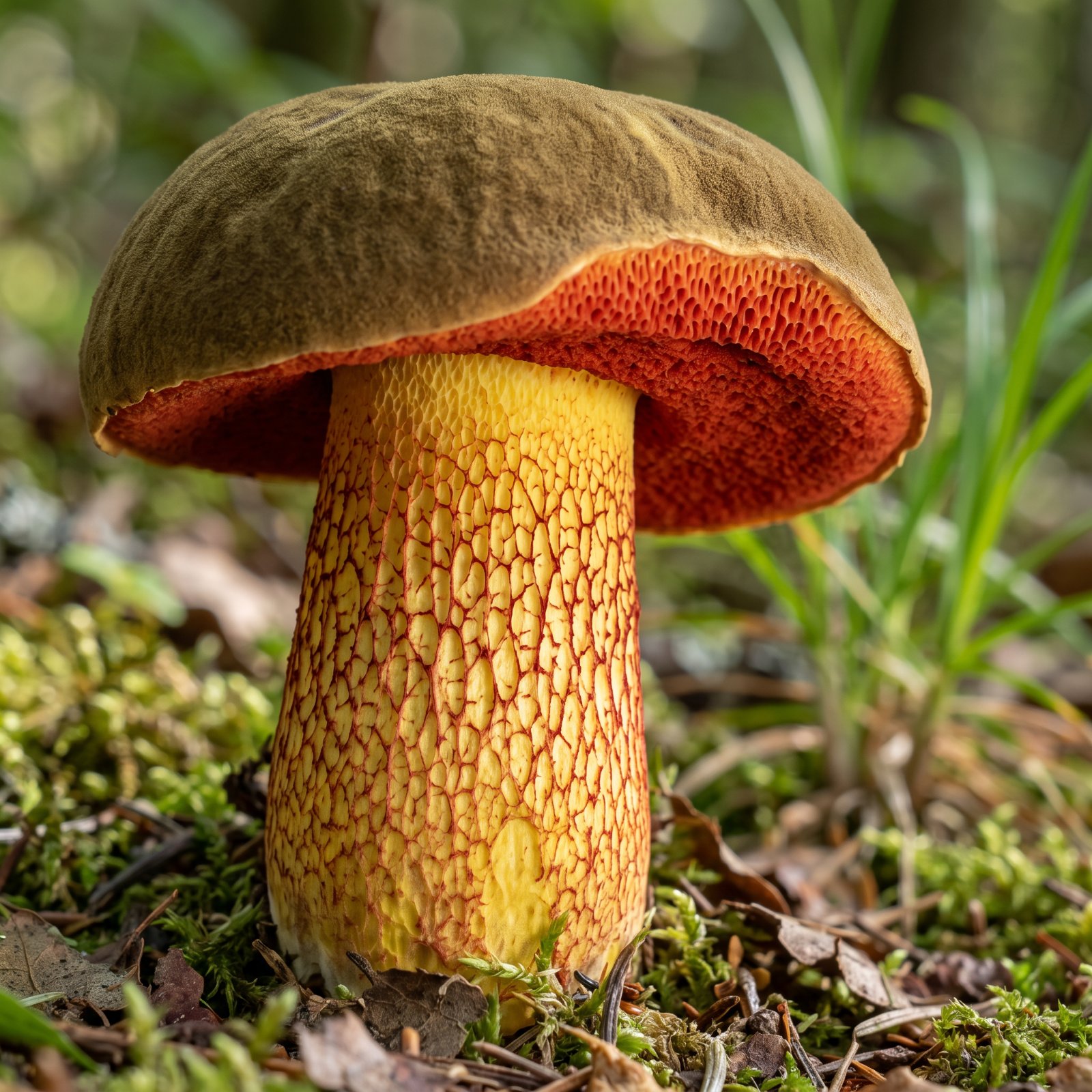 Réseau rouge sur le pied jaune et pores rouge orangé du bolet blafard