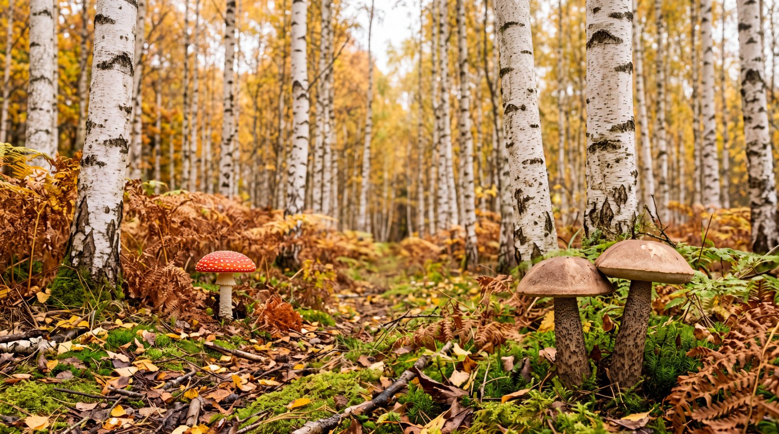 Boulaie en automne avec des bolets rudes et une amanite tue-mouches