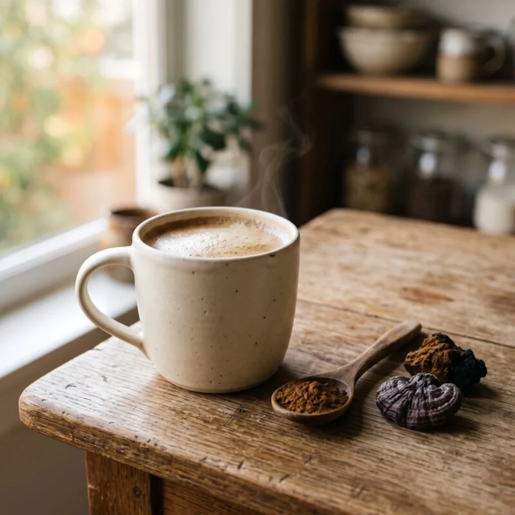 Poudre de champignon à côté d’une tasse de café