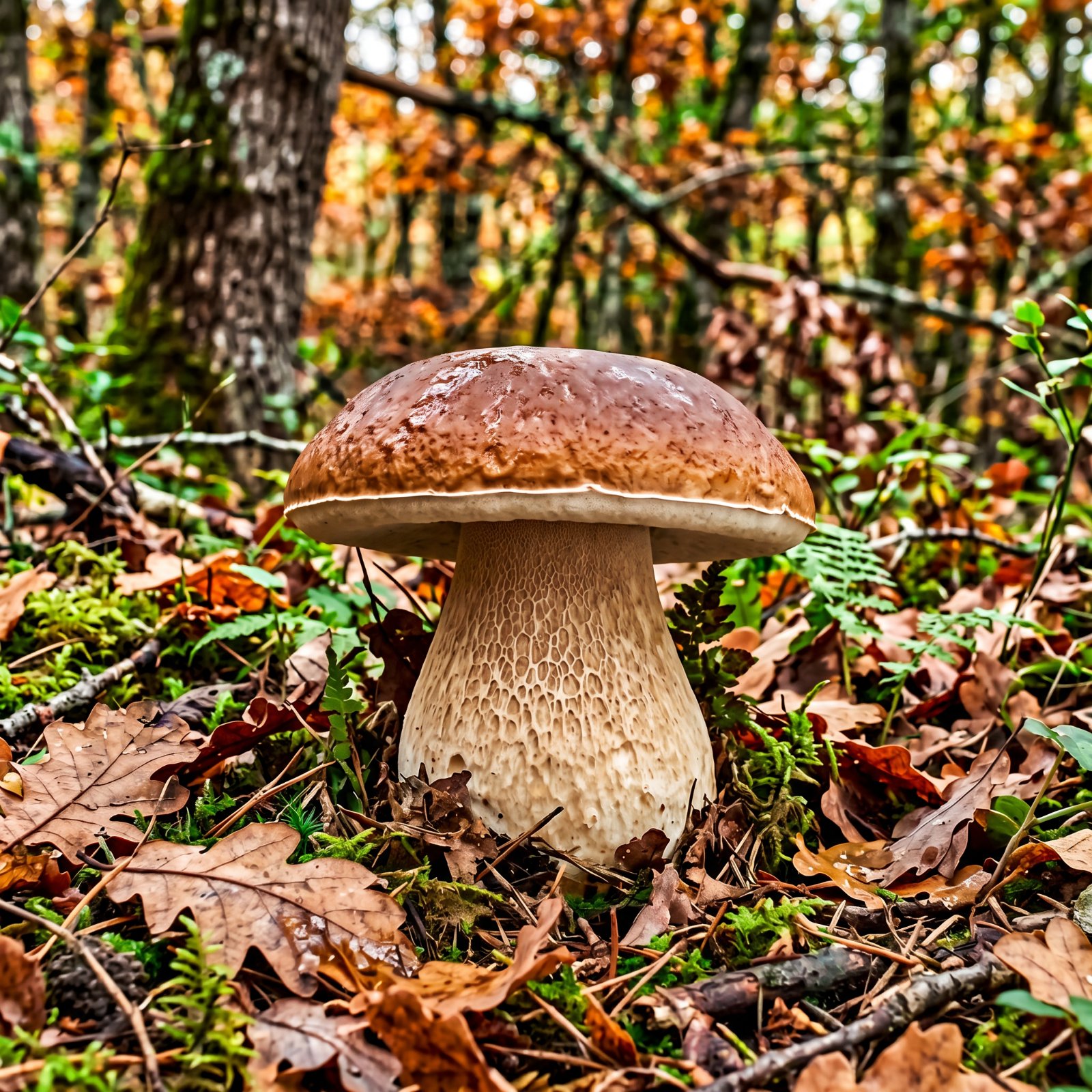 Cèpe de Bordeaux (Boletus edulis) au chapeau brun châtain et au pied ventru réticulé