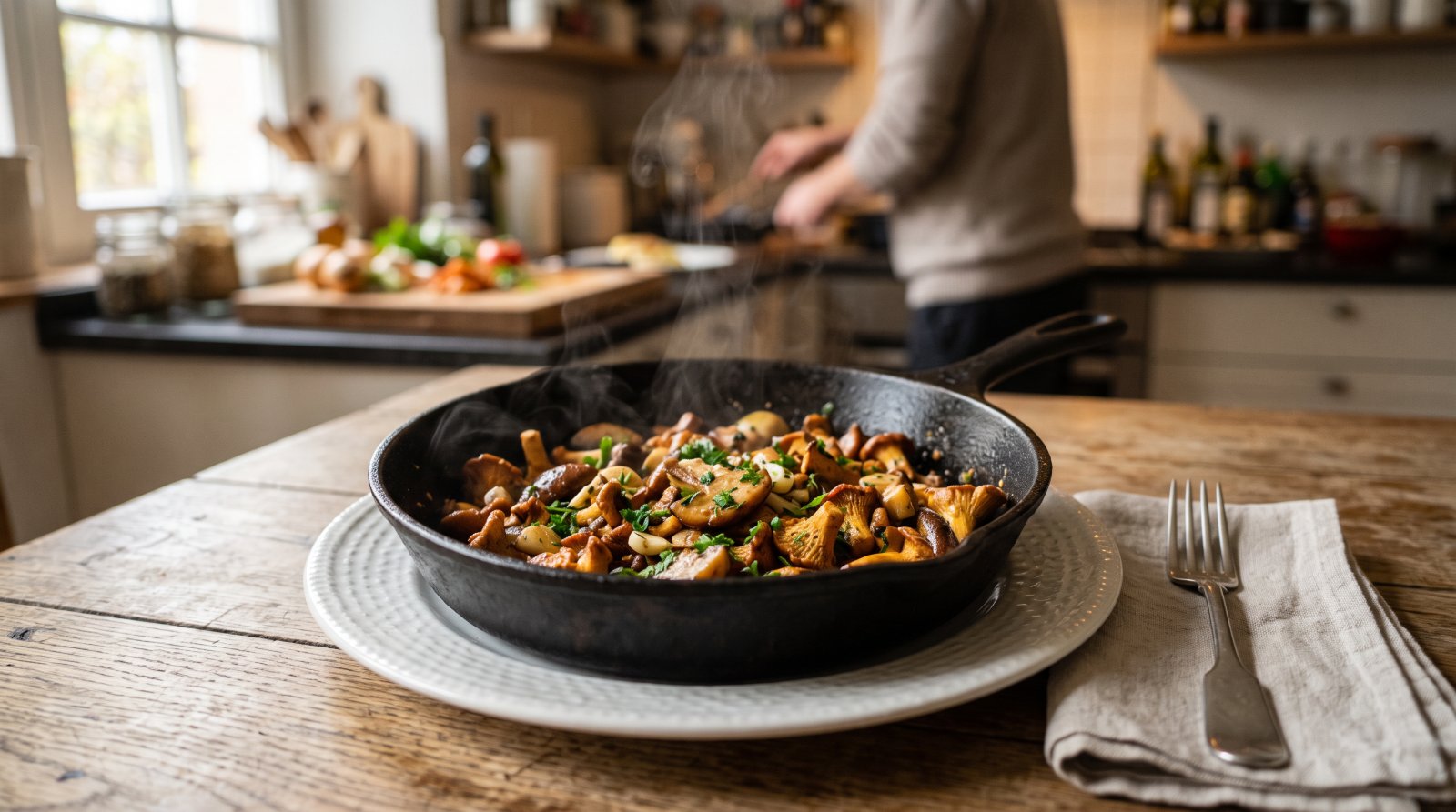 Cèpes et girolles bien dorés à la poêle servis dans une assiette blanche