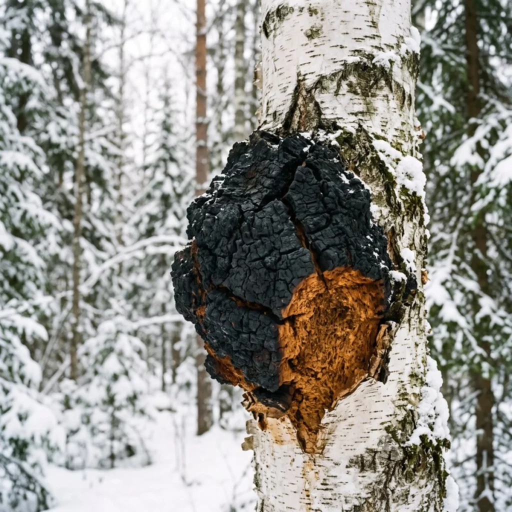 Photo de chaga, extérieur noir et intérieur ocre