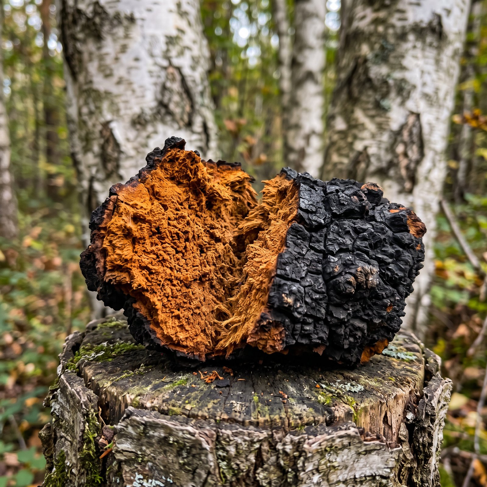 Chaga cassé montrant son intérieur brun orangé fibreux sous la croûte noire