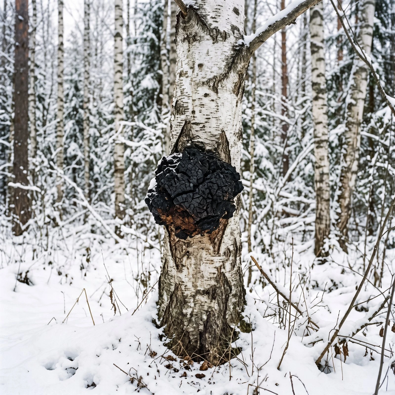 Chaga noir et craquelé sur le tronc blanc d'un bouleau vivant