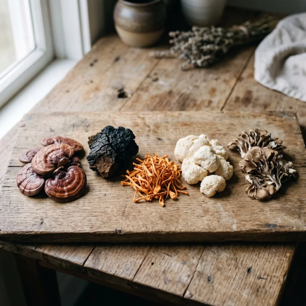Champignons fonctionnels séchés sur une planche en bois
