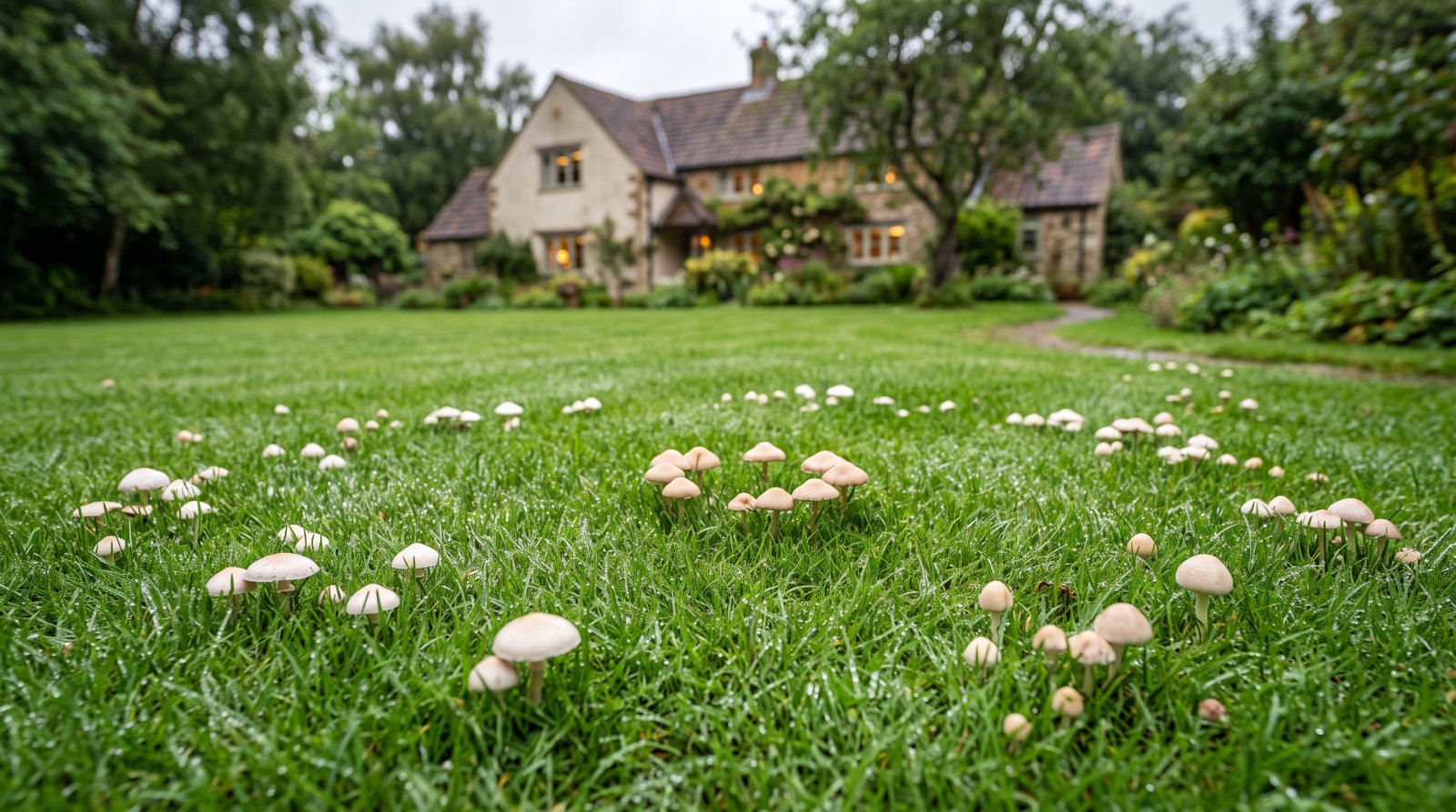 Petits champignons blancs poussés dans une pelouse de jardin après la pluie