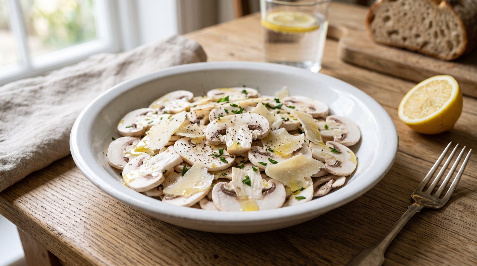 Salade de champignons de Paris crus en fines lamelles avec parmesan et citron