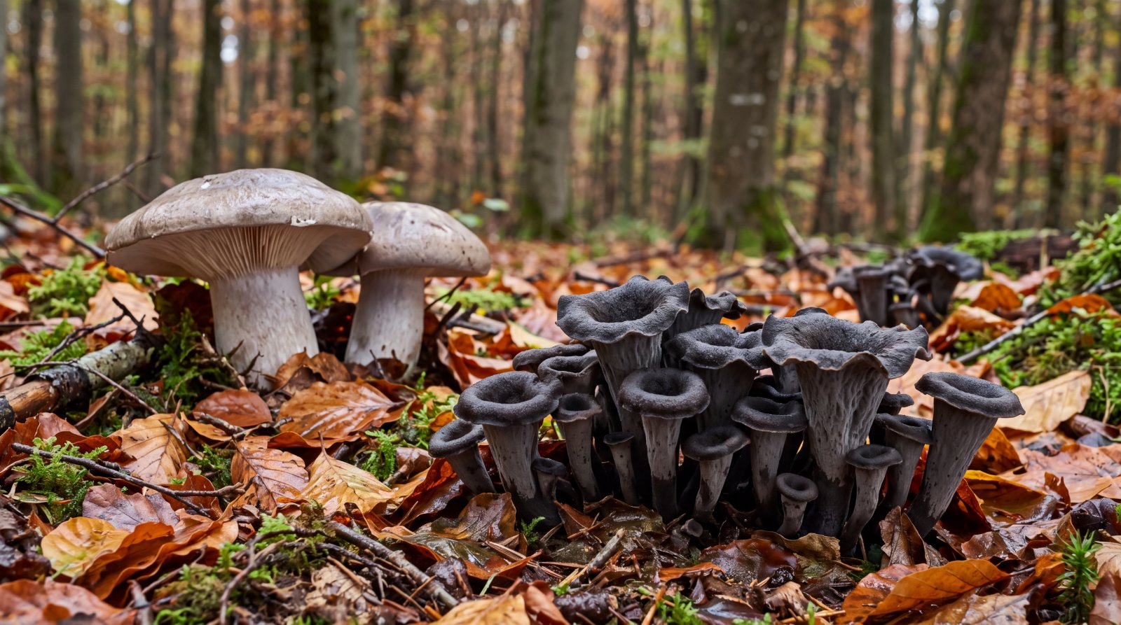Champignons gris en sous-bois : trompettes de la mort et espèces trapues à lames