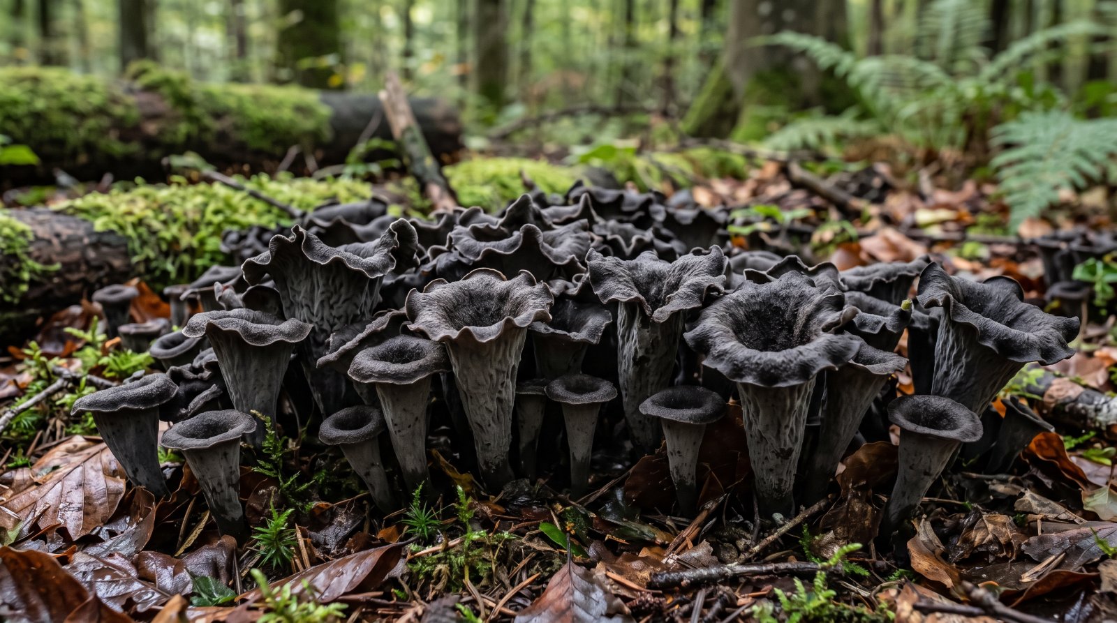 Trompettes de la mort noires en troupe dans une litière de feuilles de hêtre