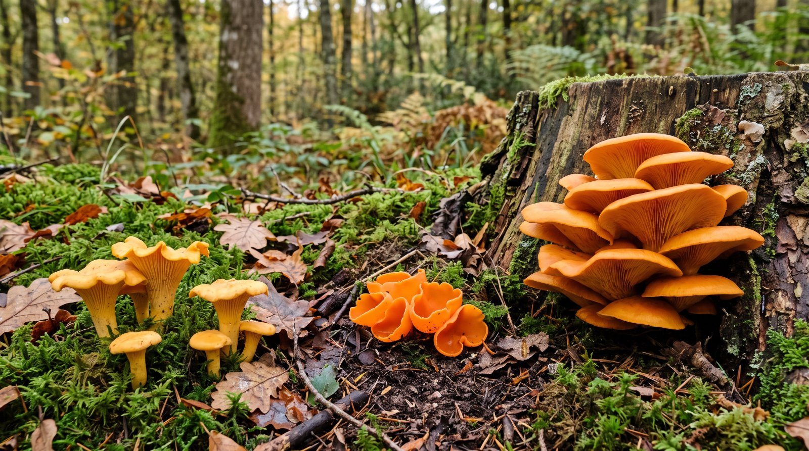 Champignons oranges en sous-bois : girolles, pézizes orangées et pleurotes de l'olivier