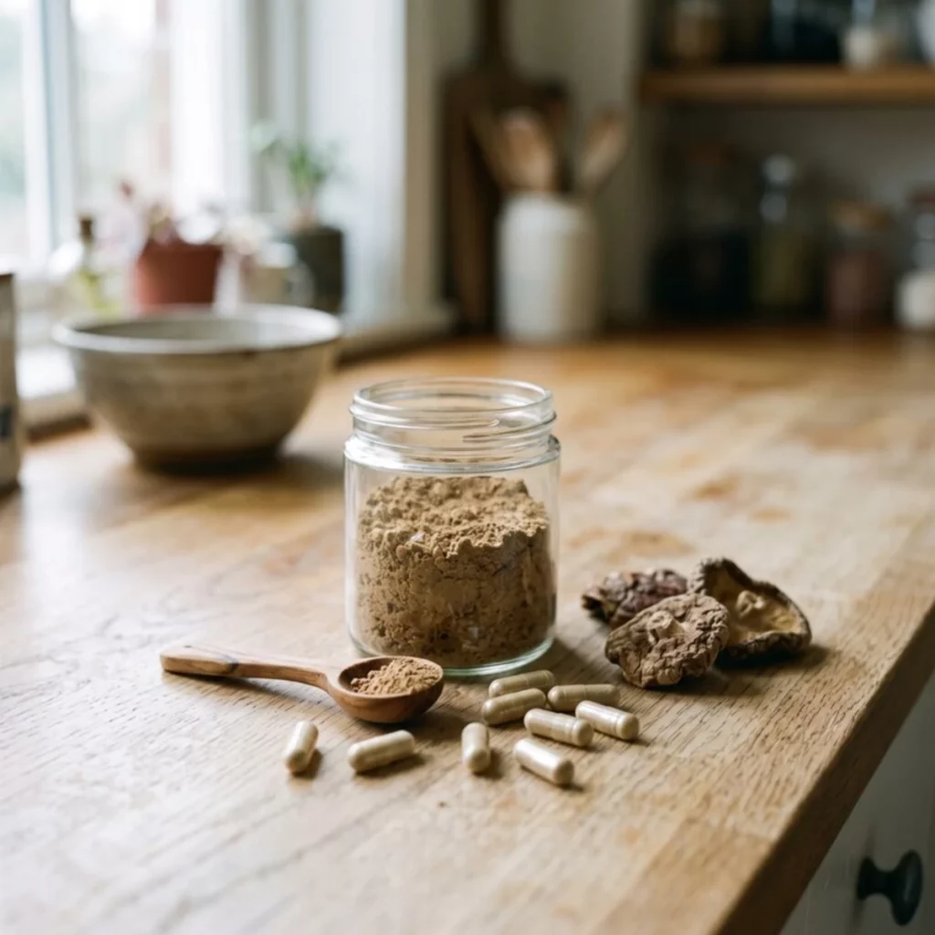 Champignons séchés et poudre en bocal