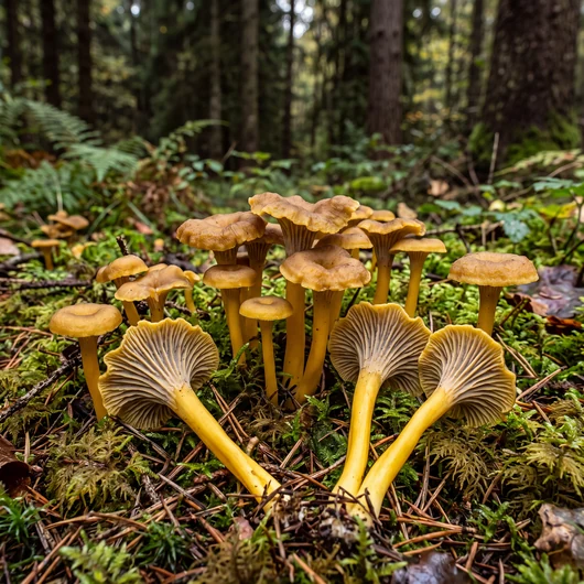 Chanterelles en tube dans la mousse : chapeaux bruns en entonnoir et pieds jaunes creux
