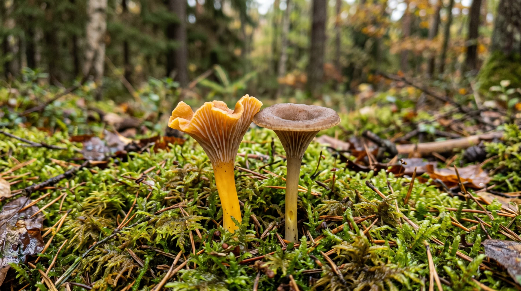 Chanterelle jaunissante à pied jaune vif à côté d'une chanterelle en tube grisâtre