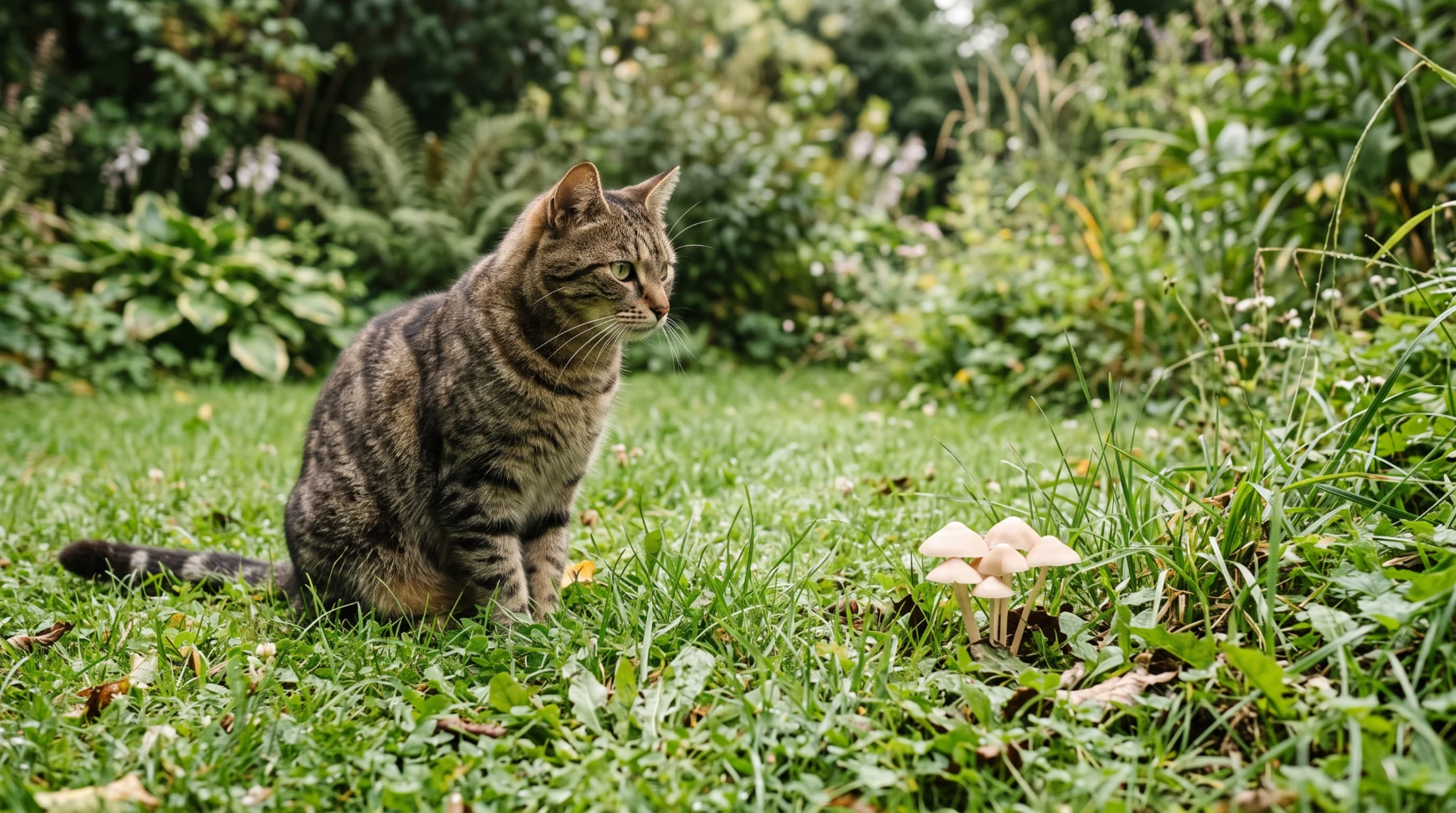 Chat dans un jardin devant une touffe de champignons dans l'herbe