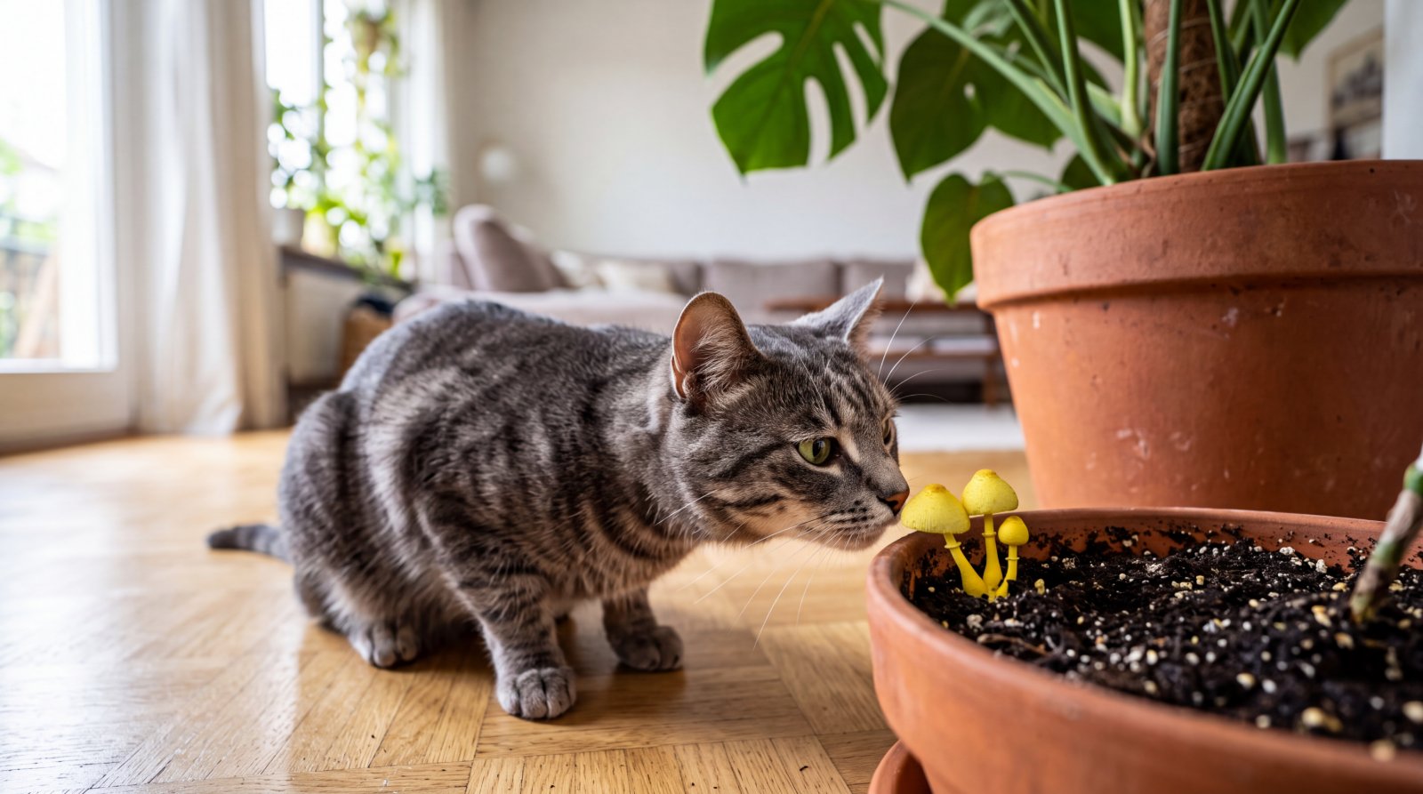 Chat approchant son museau du terreau d'une plante où poussent des champignons jaunes