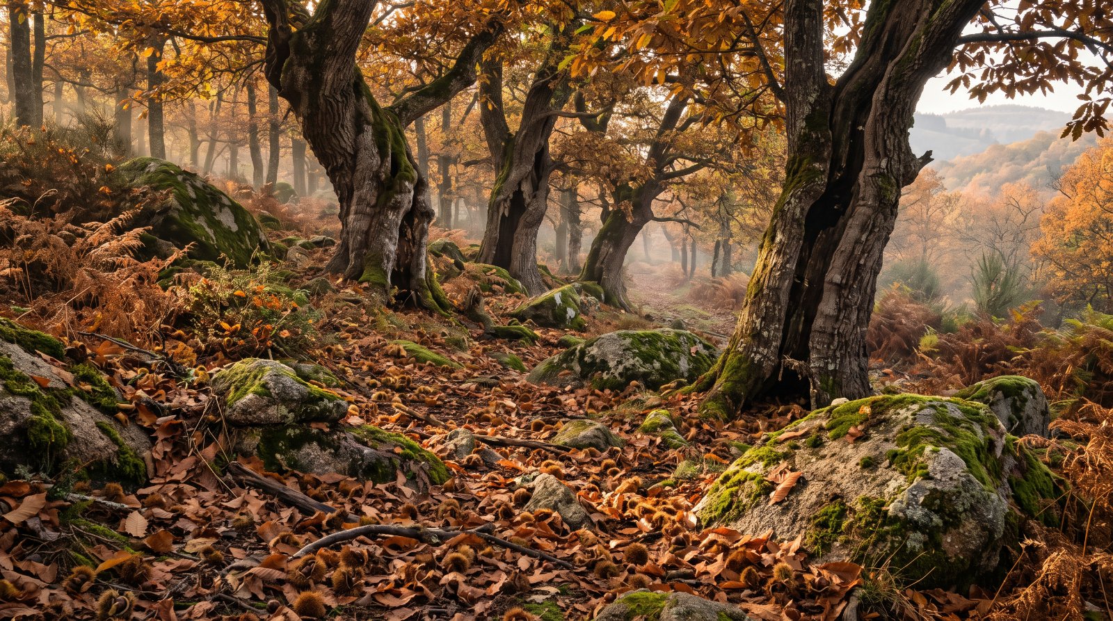 Châtaigneraie du Limousin en automne sur sol granitique, blocs de granite moussus et litière de bogues