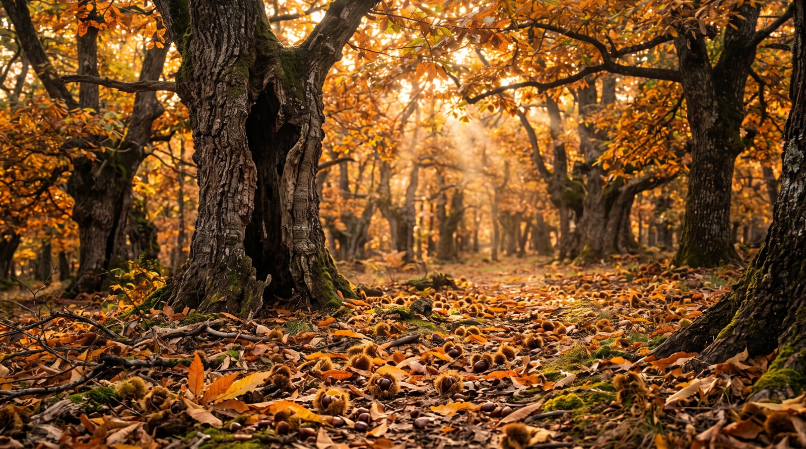 Châtaigneraie du Périgord en automne, bogues ouvertes au sol