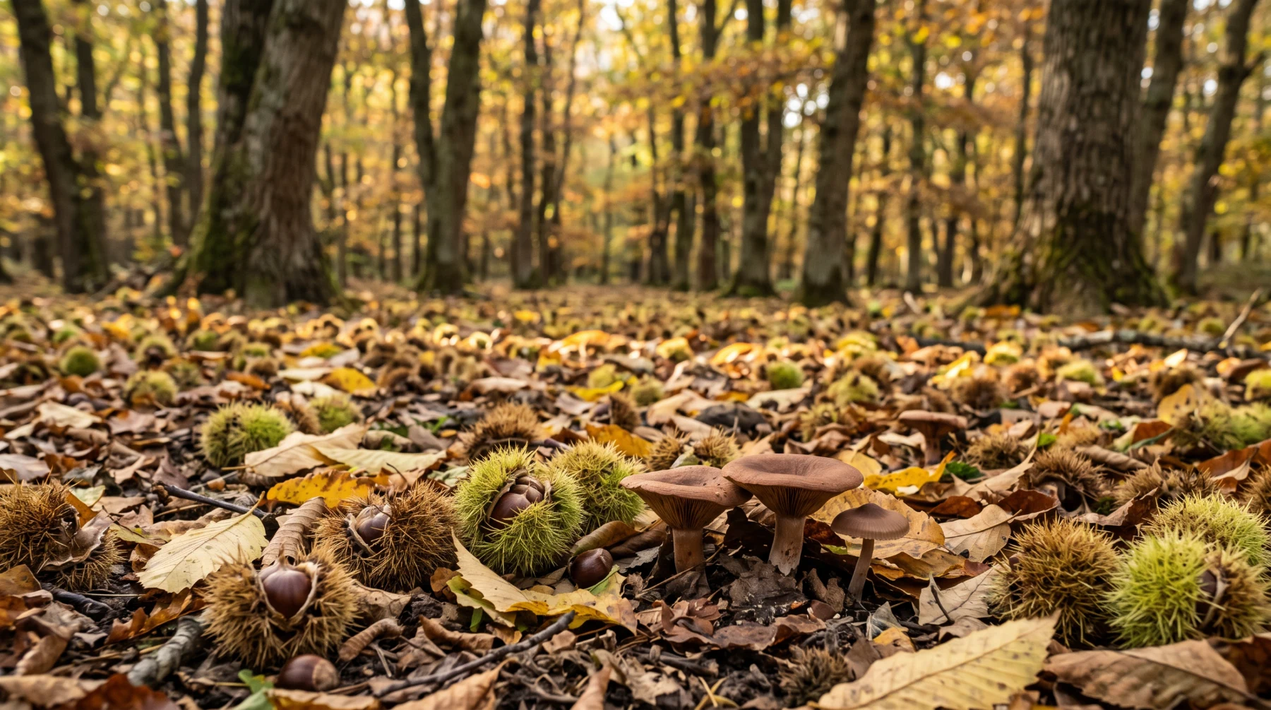 Châtaigneraie en automne, bogues et feuilles jaunes au sol avec quelques champignons