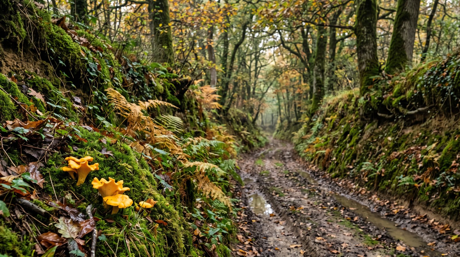 Chemin creux du bocage corrézien en automne, talus moussus et girolles poussant sur le bord