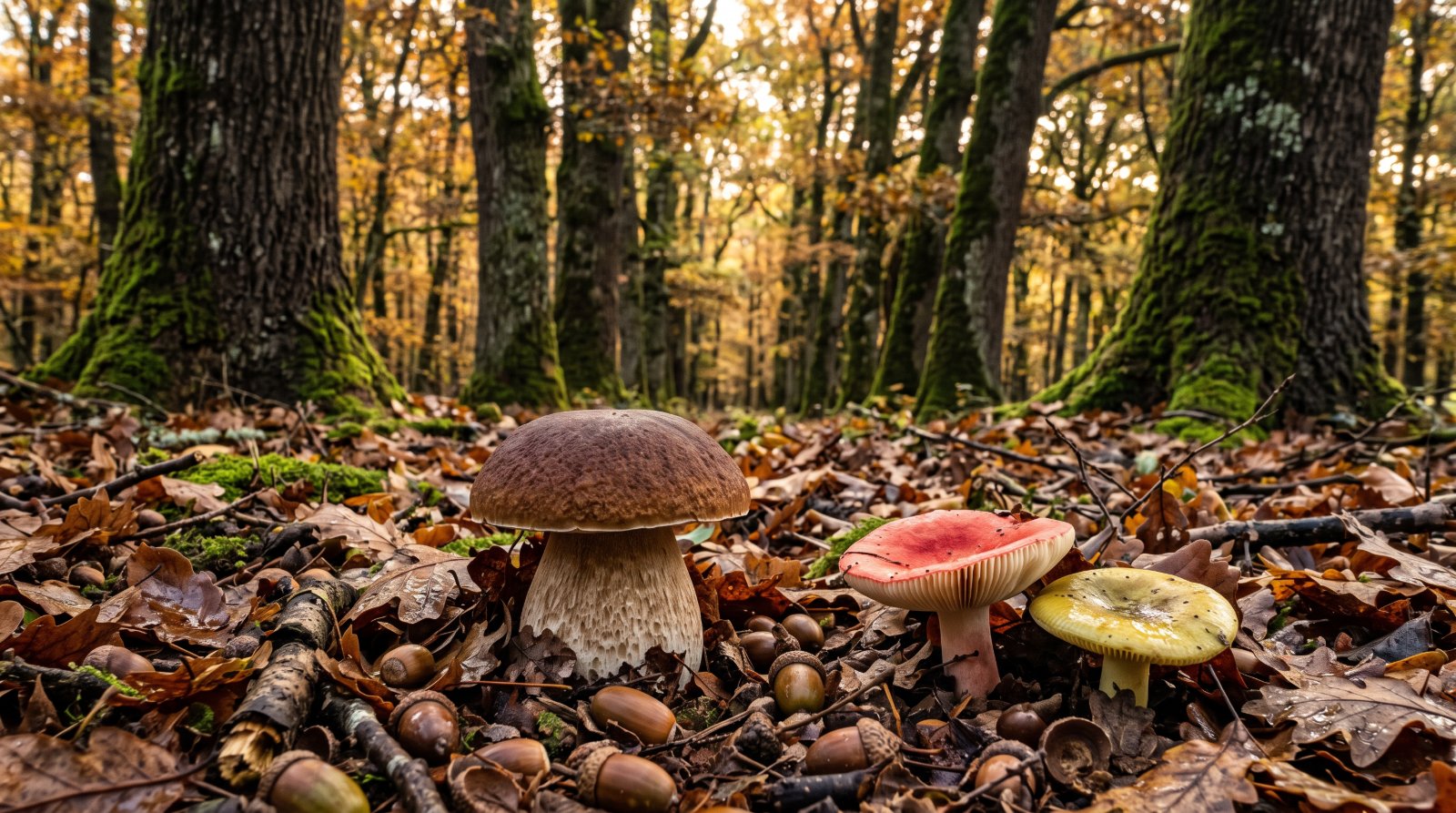 Chênaie en automne avec un cèpe de Bordeaux et des russules dans les feuilles